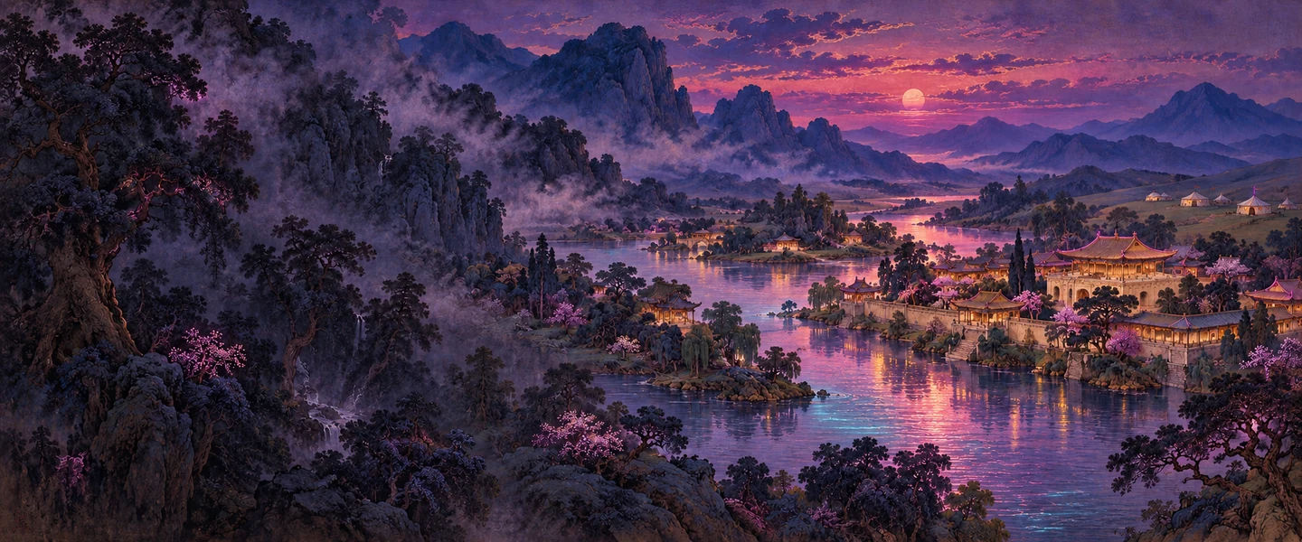 An imagined Xanadu palace landscape in violet dusk with luminous rose and cyan accents