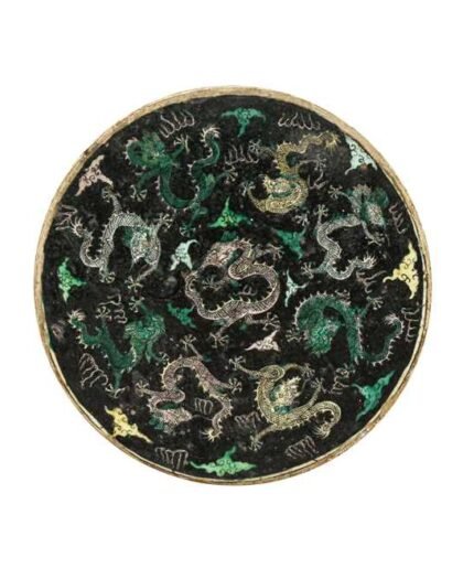 Extremely rare Chinese famille noire nine dragon plaque, Kangxi