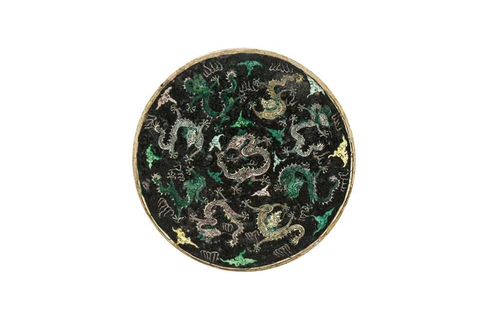 Extremely rare Chinese famille noire nine dragon plaque, Kangxi