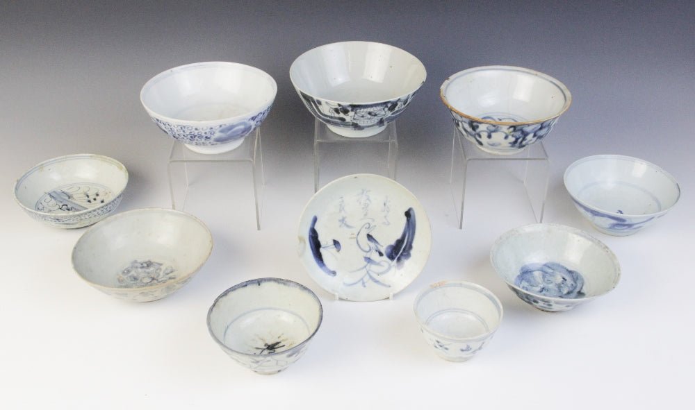Collection of Chinese blue and white shipwreck cargo wares, Ming dynasty and later — detail 1