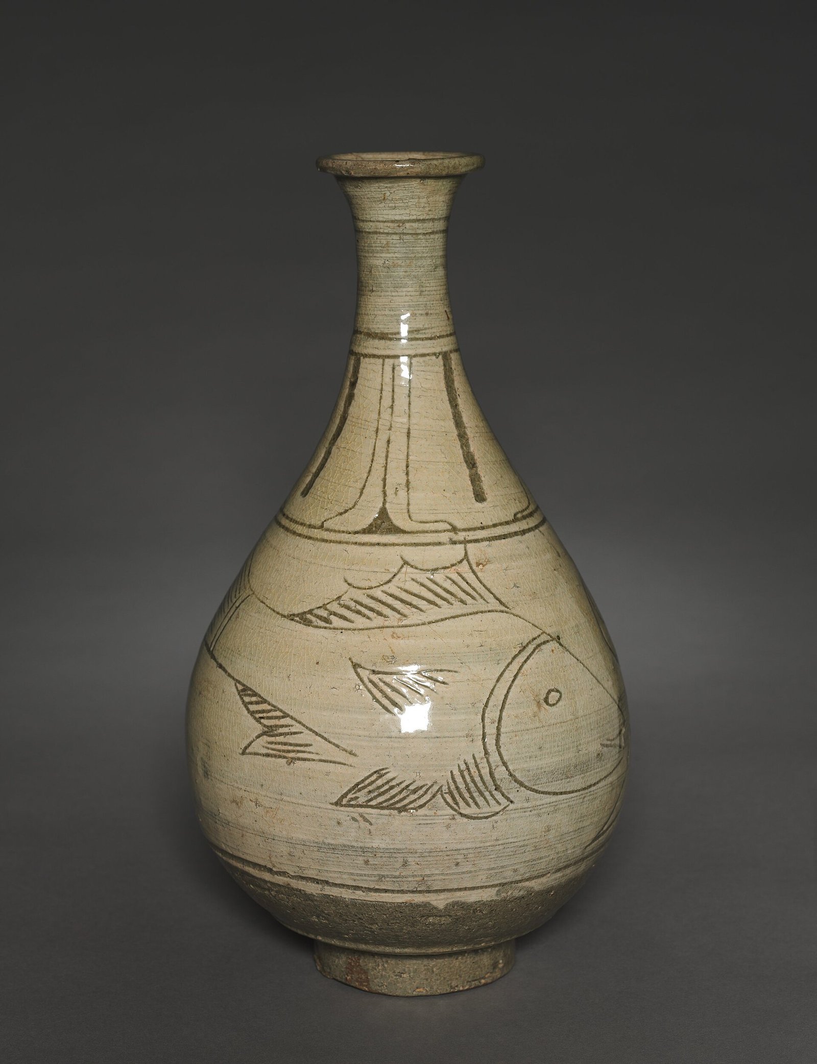 Buncheong bottle with incised and sgraffito fish design, Joseon dynasty