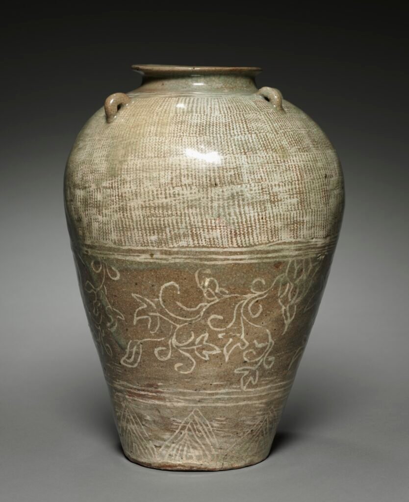 Buncheong stoneware jar covered in stamped and slip-inlaid scroll pattern, Joseon dynasty, fourteen hundreds. Cleveland Museum of Art, 1963.505.