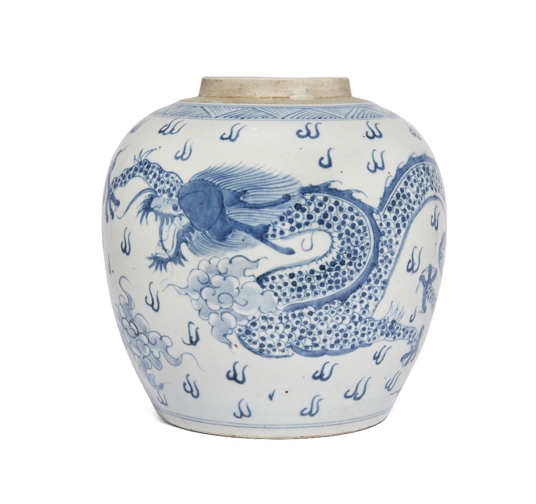 Chinese blue and white dragon ginger jar, late Kangxi period