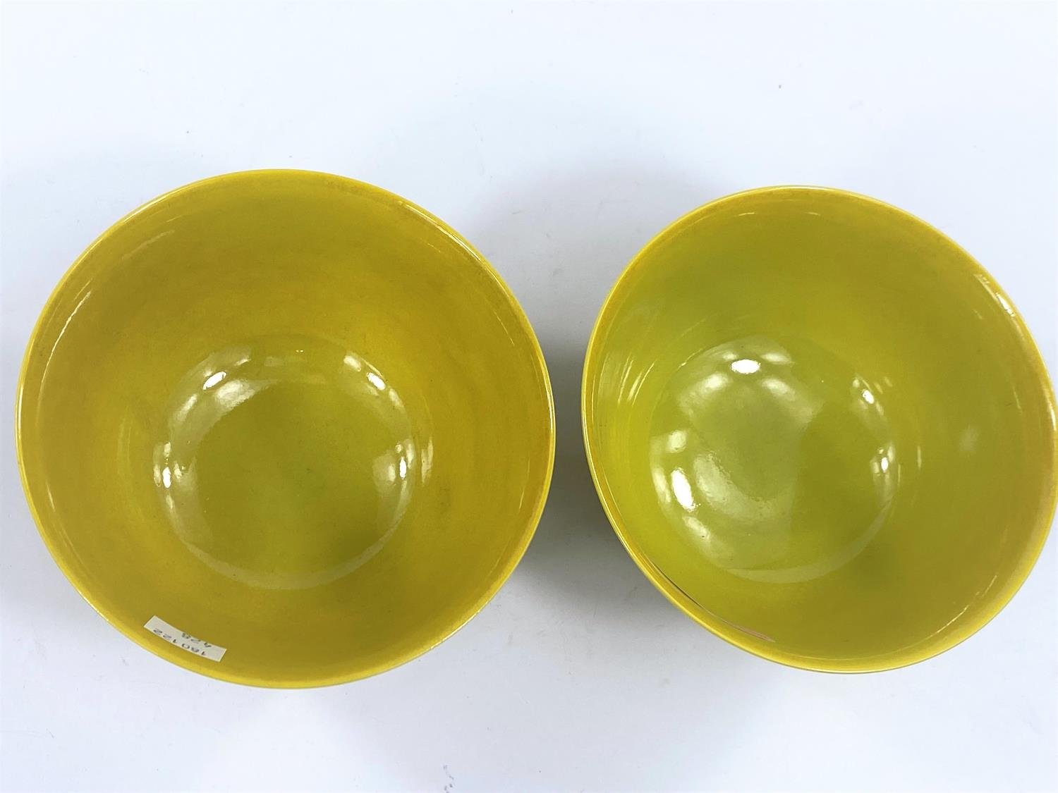Pair of Chinese imperial yellow rice bowls on hardwood stands — detail 2