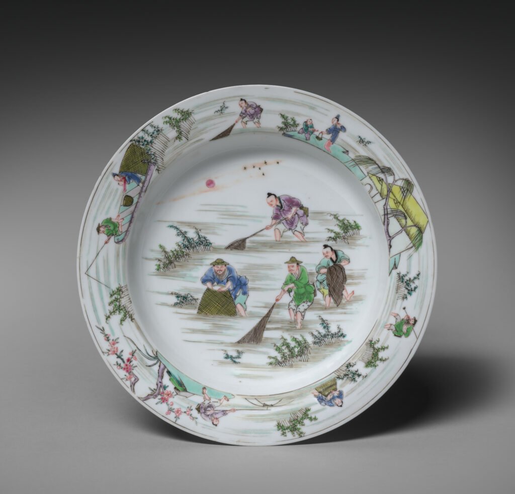 Famille rose porcelain plate painted with four fishermen with nets and a creel, Yongzheng reign, about 1730. Cleveland Museum of Art, 2021.146.