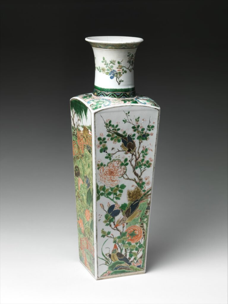Tall square famille verte porcelain vase painted with flowers and birds of the four seasons, Jingdezhen, Kangxi period. The Metropolitan Museum of Art, 14.40.91.