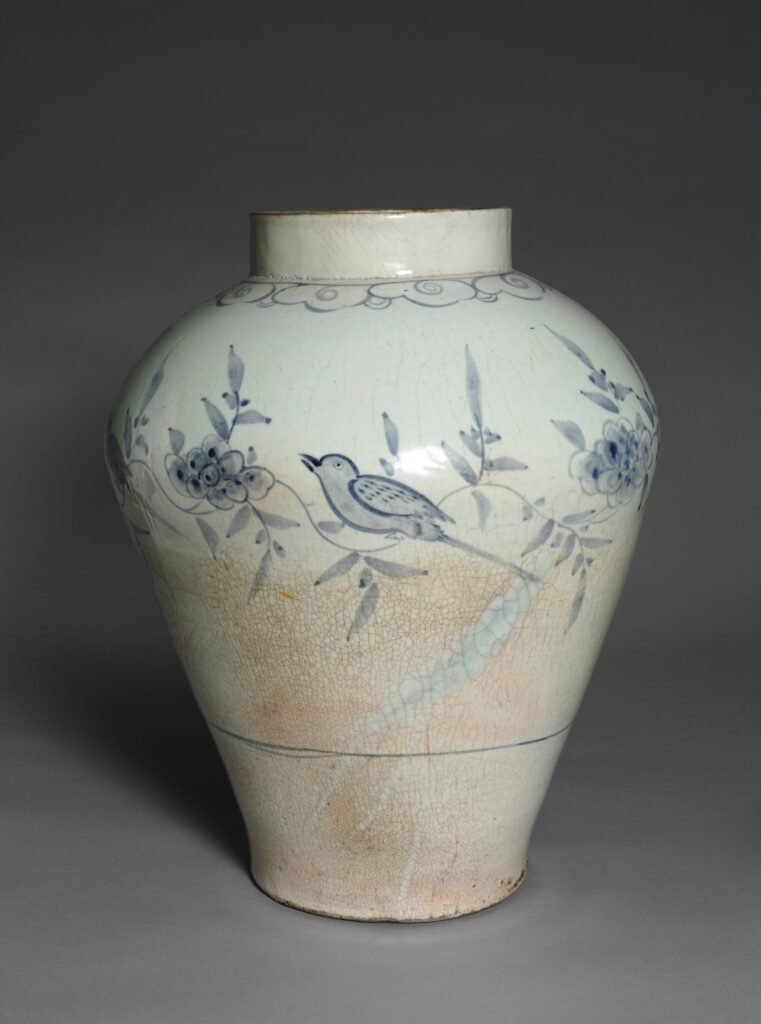 Joseon jar sparsely painted in underglaze blue with a bird on a flowering branch, seventeen hundreds. Cleveland Museum of Art, 1985.19.