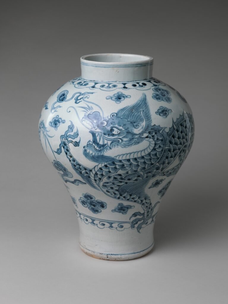 Joseon white porcelain jar painted in underglaze cobalt blue with a dragon among clouds, second half of the eighteenth century. The Metropolitan Museum of Art, 2010.368.