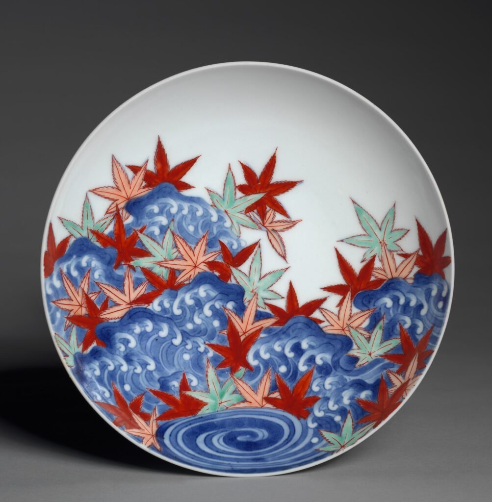 Hizen ware, Nabeshima type dish with maple leaves in waves, late 1600s to early 1700s. Cleveland Museum of Art, accession 2017.62.