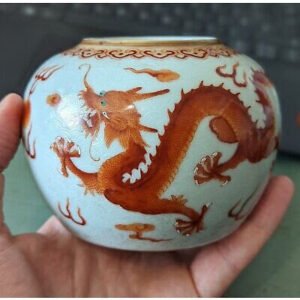 Chinese porcelain double dragon water pot, Qianlong mark but 19th century