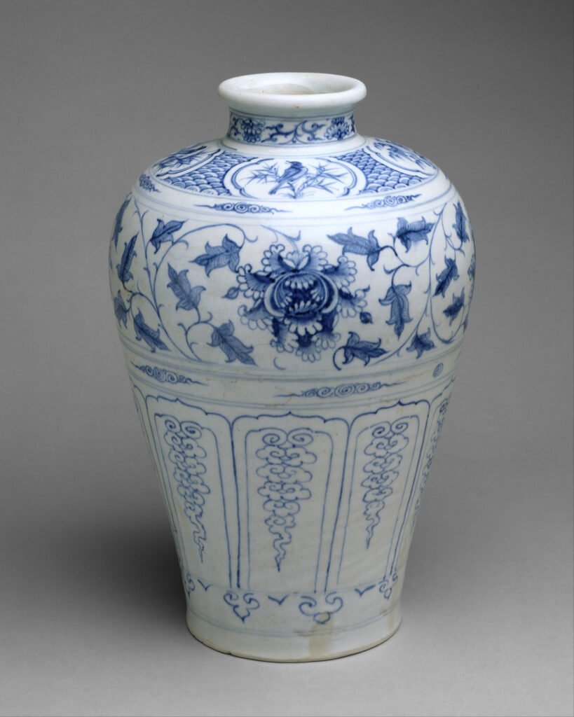 Vietnamese stoneware bottle painted in underglaze cobalt blue with birds and a peony scroll, fifteenth century. The Metropolitan Museum of Art, 1991.456.13.