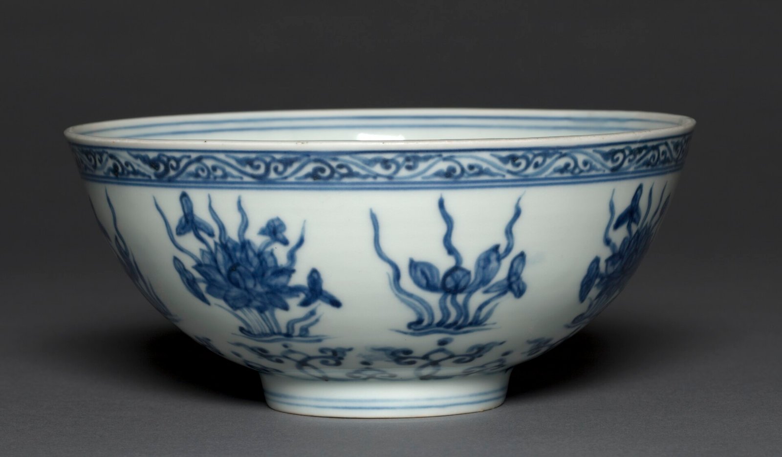Bowl with water plants and arabesques, Jingdezhen, Zhengde mark and reign 1506 to 1521